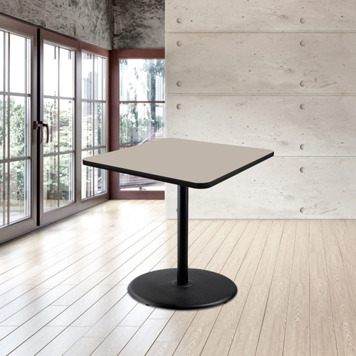 Premium Commercial-Grade Restaurant and Breakroom Cafe Table (Square, 36 in Side, 36 in Counter Height, Round-Base, Black Frame, Gray Nebula Laminate)