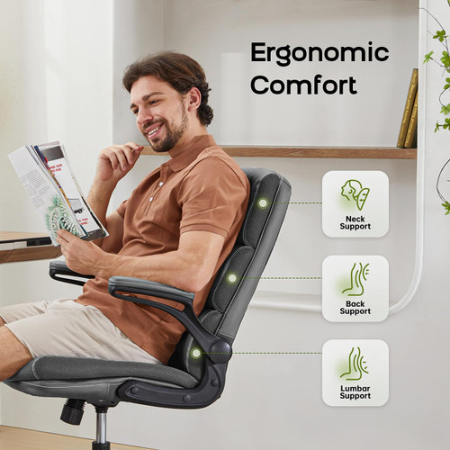 Office Chair Adjustable Desk Chair Mid Back Executive Comfortable Bonded Leather Ergonomic Back Support Home Computer Chair with Padded Flip-up Armrest Swivel Wheels (Gray)