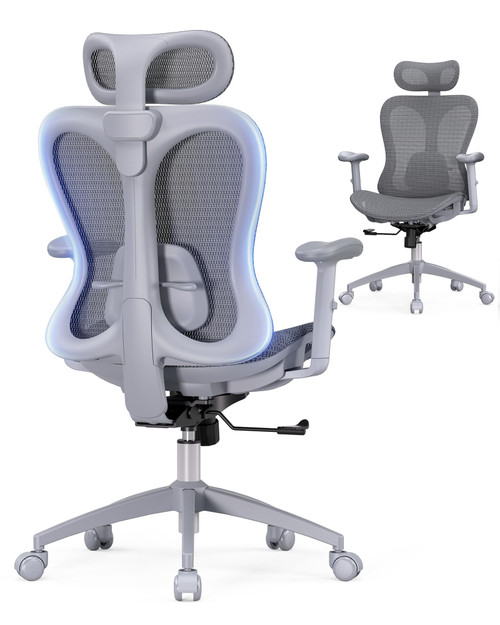 Ergonomic Office Desk Chair, Comfortable Computer Gaming Chair, Breathable Mesh Back & Seat, Adjustable Armrest & Headrest, Lumbar Support, Butterfly Design for Home Office (Gray)