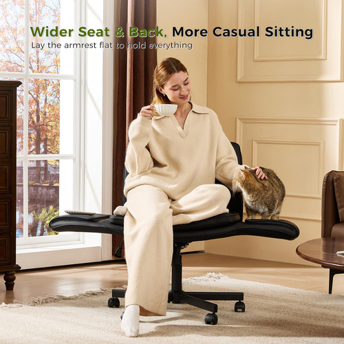 Criss Cross Chair with Armrests & Wheels, PU Leather ADHD Home Office Desk Chair, Comfortable Lounge Chair for Home, Make Up, Bed Room, 5-Gear Adjustable Arm,Wide Seat,Swivel(Black)