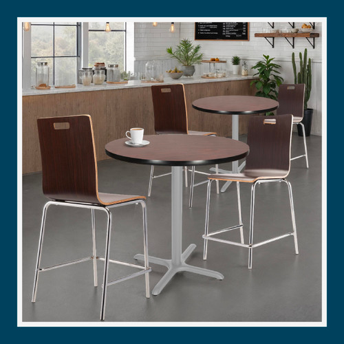 Premium Commercial-Grade Restaurant and Breakroom Cafe Table (Round, 36 in Diameter, 36 in Counter Height, X-Base, Gray Frame, Mahogany Laminate)