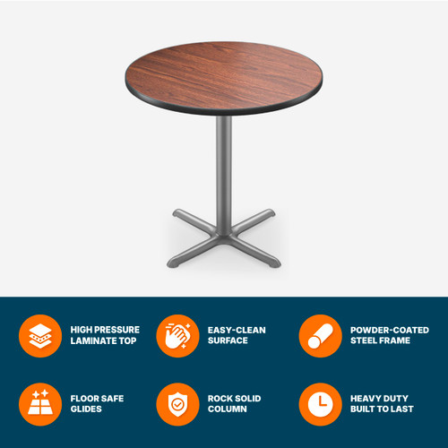Premium Commercial-Grade Restaurant and Breakroom Cafe Table (Round, 36 in Diameter, 36 in Counter Height, X-Base, Gray Frame, Mahogany Laminate)