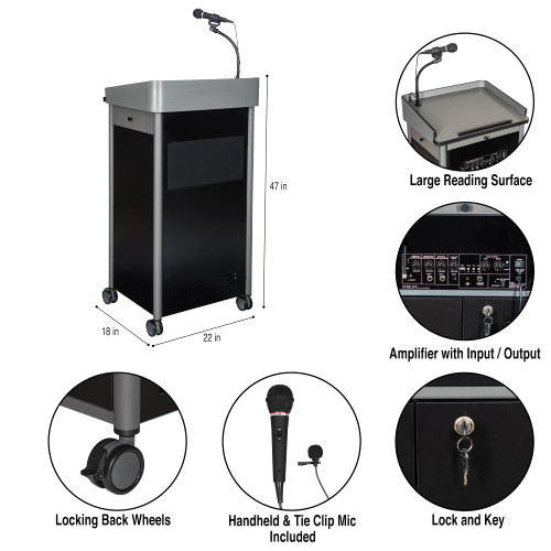 CoreSound Media Series Floor-Standing Mobile Lectern (No Microphone, AC Powered, Charcoal Finish)