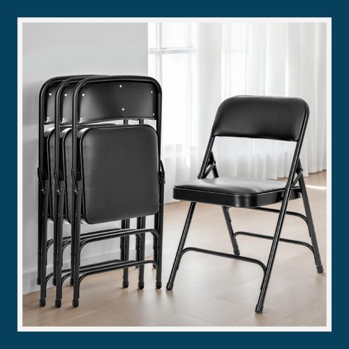 Premium Heavy Duty Vinyl Padded Folding Chairs with Triple Brace Support, 500 lb Capacity, Comfortable Cushion Seat and Back (4-Pack, Classic Black)