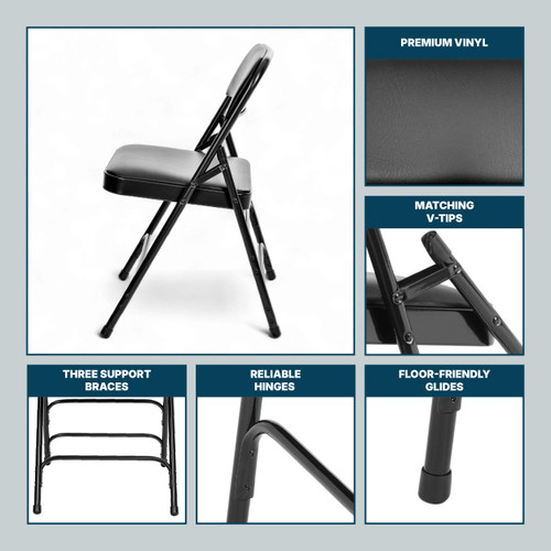 Premium Heavy Duty Vinyl Padded Folding Chairs with Triple Brace Support, 500 lb Capacity, Comfortable Cushion Seat and Back (4-Pack, Classic Black)