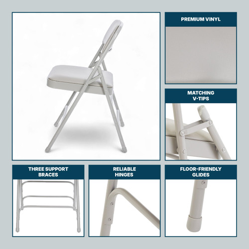 Premium Heavy Duty Vinyl Padded Folding Chairs with Triple Brace Support, 500 lb Capacity, Comfortable Cushion Seat and Back (4-Pack, Cloud Gray)