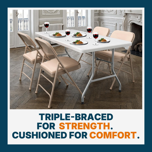 Premium Heavy Duty Vinyl Padded Folding Chairs with Triple Brace Support, 500 lb Capacity, Comfortable Cushion Seat and Back (4-Pack, French Beige)