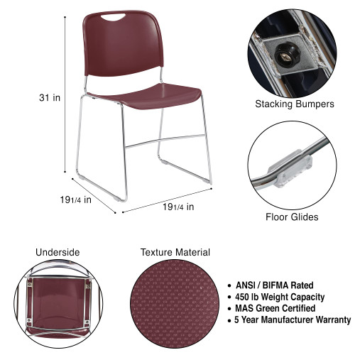 Ultra-Compact Plastic Sled Base Stack Chair (Wine Red, 4-Pack)