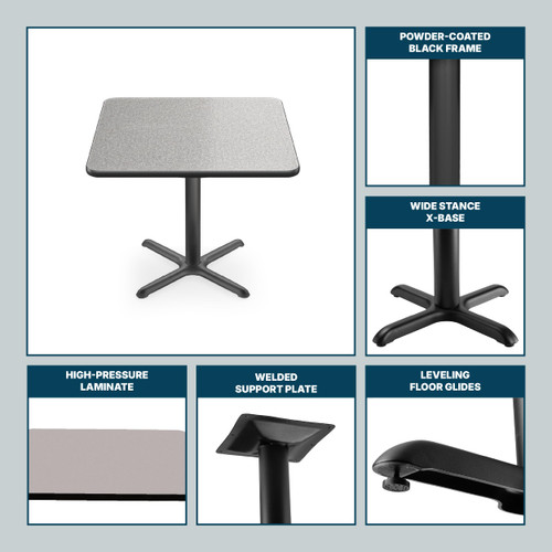Premium Commercial-Grade Restaurant and Breakroom Cafe Table (Square, 36 in Side, 30 in Dining Height, X-Base, Black Frame, Gray Nebula Laminate)