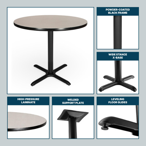Premium Commercial-Grade Restaurant and Breakroom Cafe Table (Round, 36 in Diameter, 30 in Dining Height, X-Base, Black Frame, Gray Nebula Laminate)