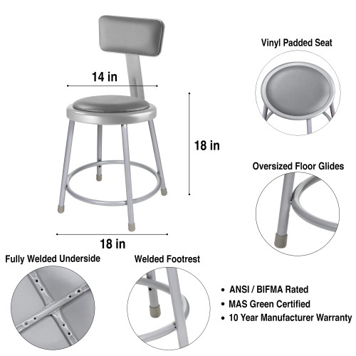 Premium Commercial-Grade All-Purpose Round Stool with Backrest (18-inch Height, Gray Frame, Vinyl Padded Seat, 2-Pack)