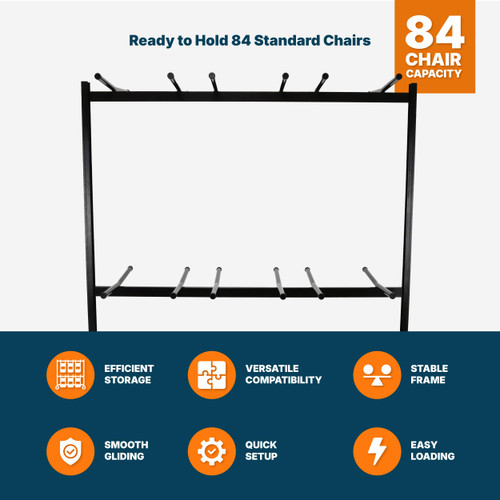 Folding Chair Cart – Heavy-Duty Two-Tier Steel Dolly Rack with Wheels (84 Chairs, Standard Height, Hanging Storage)