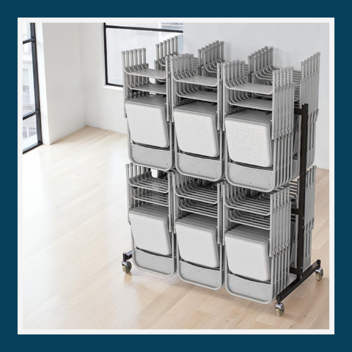 Folding Chair Cart – Heavy-Duty Two-Tier Steel Dolly Rack with Wheels (84 Chairs, Standard Height, Hanging Storage)