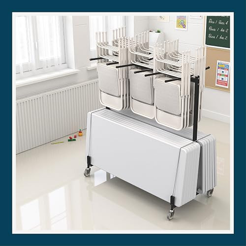 Folding Table & Chair Cart, Heavy Duty Industrial Grade Two Tier Steel Dolly with Wheels (42 Chairs and 8 to 10 Tables, Hanging Storage)