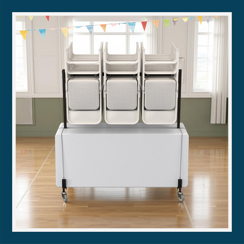 Folding Table & Chair Cart, Heavy Duty Industrial Grade Two Tier Steel Dolly with Wheels (42 Chairs and 8 to 10 Tables, Hanging Storage)