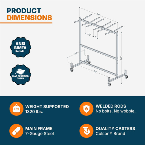Folding Table & Chair Cart, Heavy Duty Industrial Grade Two Tier Steel Dolly with Wheels (42 Chairs and 8 to 10 Tables, Hanging Storage)