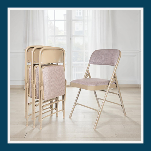 Premium Fabric Padded Upholstery Double-Hinged Triple-Braced Folding Chairs (4-Pack, French Beige)