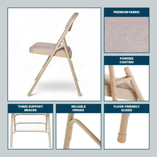 Premium Fabric Padded Upholstery Double-Hinged Triple-Braced Folding Chairs (4-Pack, French Beige)