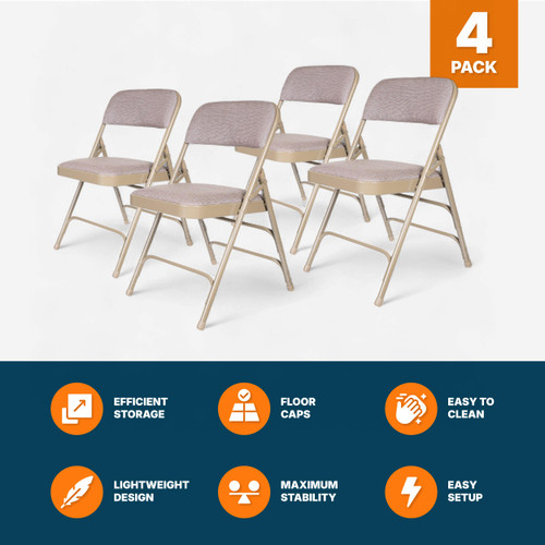Premium Fabric Padded Upholstery Double-Hinged Triple-Braced Folding Chairs (4-Pack, French Beige)