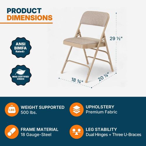 Premium Fabric Padded Upholstery Double-Hinged Triple-Braced Folding Chairs (4-Pack, French Beige)