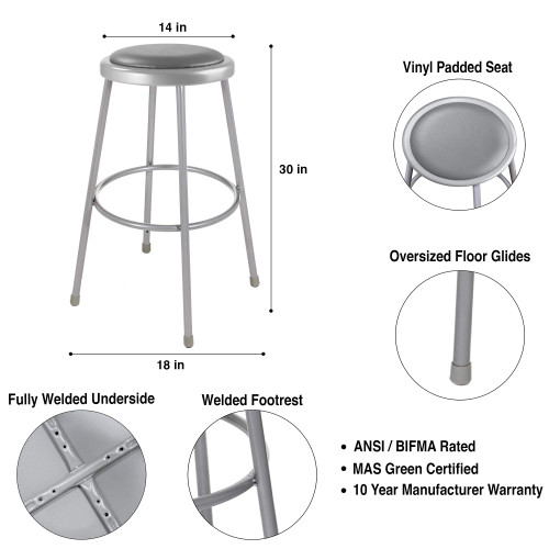 Premium Commercial-Grade All-Purpose Round Stool (30-inch Height, Gray Frame, Vinyl Padded Seat, 2-Pack)