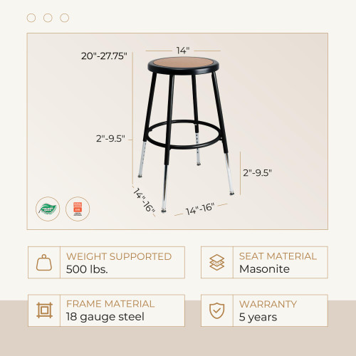 Premium Commercial-Grade All-Purpose Round Stool (Height-Adjustable, 18–27 inch Range, Black Frame, Masonite Wood Seat)