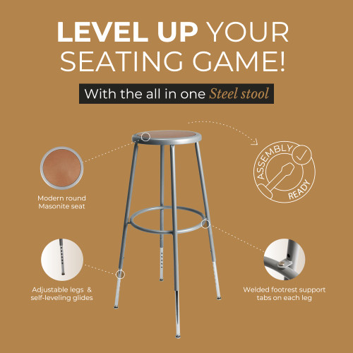 Premium Commercial-Grade All-Purpose Round Stool (Height-Adjustable, 30–38 inch Range, Gray Frame, Masonite Wood Seat)