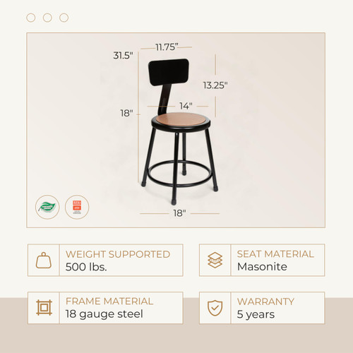 Premium Commercial-Grade All-Purpose Round Stool with Backrest (18-inch Height, Black Frame, Masonite Wood Seat, 2-Pack)