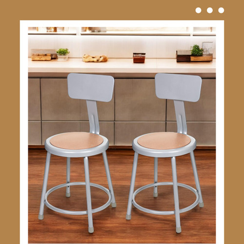 Premium Commercial-Grade All-Purpose Round Stool with Backrest (18-inch Height, Gray Frame, Masonite Wood Seat, 2-Pack)