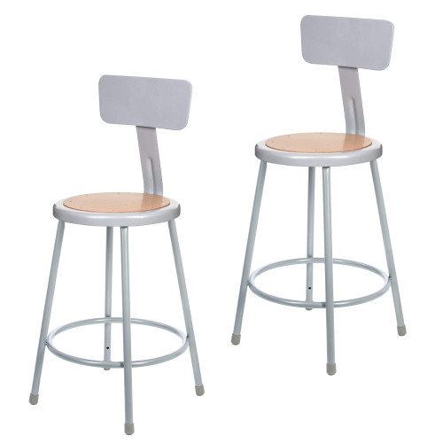Premium Commercial-Grade All-Purpose Round Stool with Backrest (24-inch Height, Gray Frame, Masonite Wood Seat, 2-Pack)