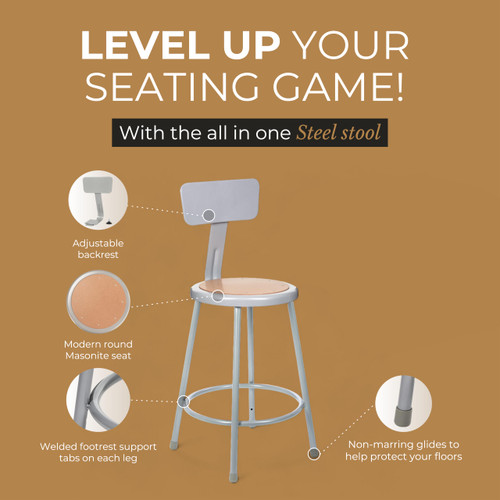 Premium Commercial-Grade All-Purpose Round Stool with Backrest (24-inch Height, Gray Frame, Masonite Wood Seat, 2-Pack)