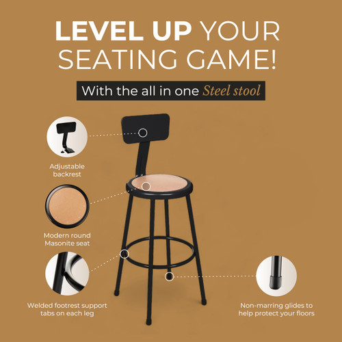 Premium Commercial-Grade All-Purpose Round Stool with Backrest (30-inch Height, Black Frame, Masonite Wood Seat, 2-Pack)