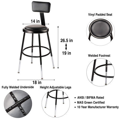 Premium Commercial-Grade All-Purpose Round Stool with Backrest (Height-Adjustable, 18–27 inch Range, Black Frame, Vinyl Padded Seat, 2-Pack)