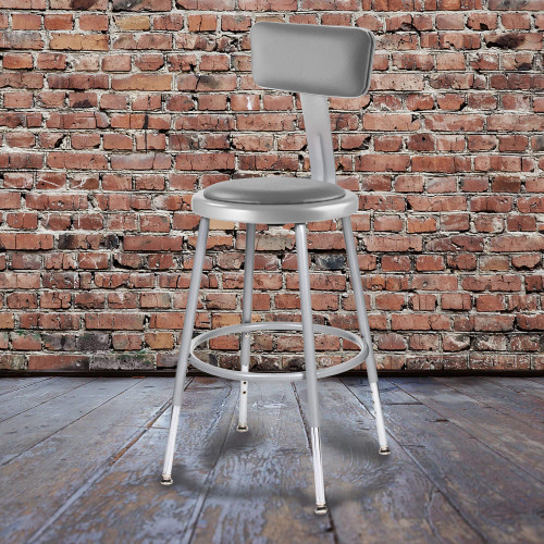 Premium Commercial-Grade All-Purpose Round Stool with Backrest (Height-Adjustable, 18–27 inch Range, Gray Frame, Vinyl Padded Seat, 2-Pack)