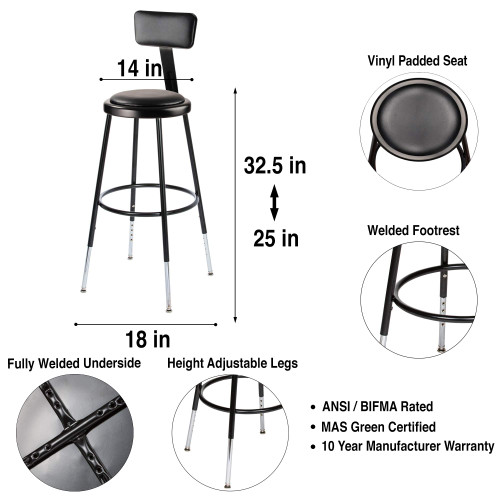 Premium Commercial-Grade All-Purpose Round Stool with Backrest (Height-Adjustable, 24–32 inch Range, Black Frame, Vinyl Padded Seat, 2-Pack)
