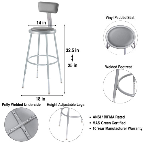 Premium Commercial-Grade All-Purpose Round Stool with Backrest (Height-Adjustable, 24–32 inch Range, Gray Frame, Vinyl Padded Seat, 2-Pack)