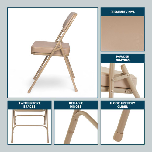 Heavy Duty, Industrial Grade, Premium Vinyl Folding Chairs 2" Ultra Padded Seat Double Hinged Steel Frame (2 Pack, Beige/Beige)