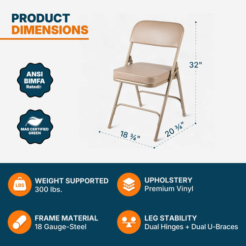Heavy Duty, Industrial Grade, Premium Vinyl Folding Chairs 2" Ultra Padded Seat Double Hinged Steel Frame (2 Pack, Beige/Beige)