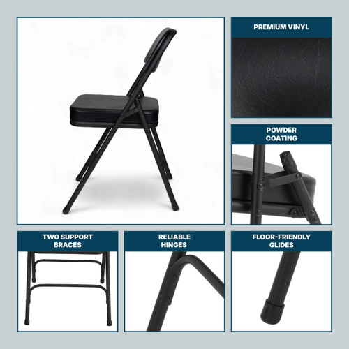 Heavy Duty, Industrial Grade, Premium Vinyl Folding Chairs 2" Ultra Padded Seat Double Hinged Steel Frame (2 Pack, Black/Black)