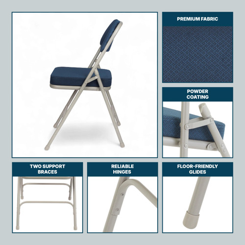 Heavy Duty, Industrial Grade, Premium Fabric Folding Chairs 2" Ultra Padded Seat Double Hinged Steel Frame (2 Pack, Blue/Gray)