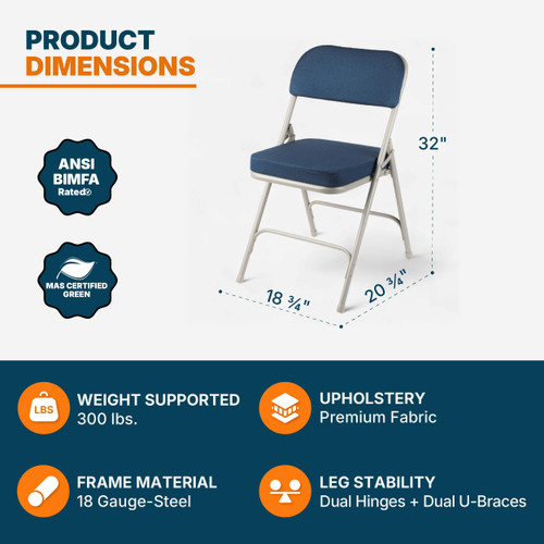 Heavy Duty, Industrial Grade, Premium Fabric Folding Chairs 2" Ultra Padded Seat Double Hinged Steel Frame (2 Pack, Blue/Gray)