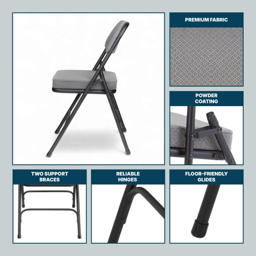 Heavy Duty, Industrial Grade, Premium Fabric Folding Chairs 2" Ultra Padded Seat Double Hinged Steel Frame (2 Pack, Charcoal/Black)