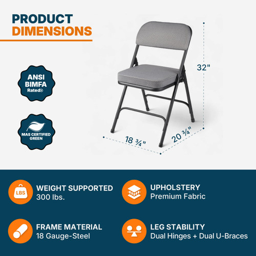 Heavy Duty, Industrial Grade, Premium Fabric Folding Chairs 2" Ultra Padded Seat Double Hinged Steel Frame (2 Pack, Charcoal/Black)