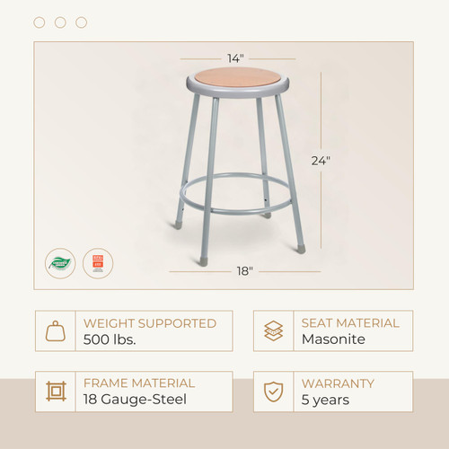 Premium Commercial-Grade All-Purpose Round Stool (24-inch Height, Gray Frame, Masonite Wood Seat, 2-Pack)