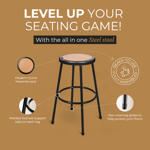 Premium Commercial-Grade All-Purpose Round Stool (30-inch Height, Black Frame, Masonite Wood Seat, 2-Pack)