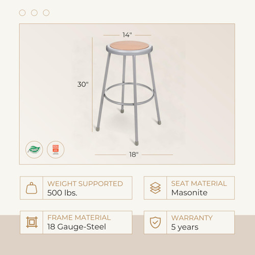 Premium Commercial-Grade All-Purpose Round Stool (30-inch Height, Gray Frame, Masonite Wood Seat, 2-Pack)