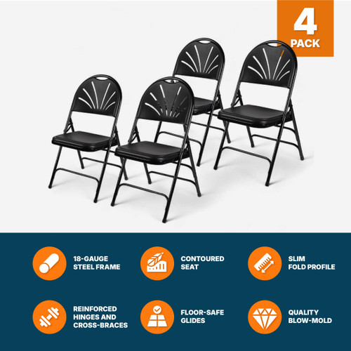 Premium Heavy-Duty Plastic Folding Chairs, Commercial Fanback Event Chairs with Triple Brace and 500 lb Capacity (4-Pack, Black Plastic with Black Frame)