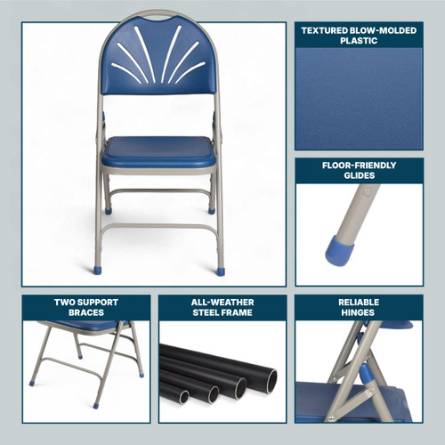 Premium Heavy-Duty Plastic Folding Chairs, Commercial Fanback Event Chairs with Triple Brace and 500 lb Capacity (4-Pack, Blue Plastic with Gray Frame)