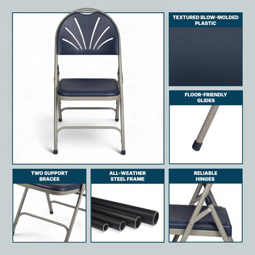 Premium Heavy-Duty Plastic Folding Chairs, Commercial Fanback Event Chairs with Triple Brace and 500 lb Capacity (4-Pack, Navy Plastic with Gray Frame)