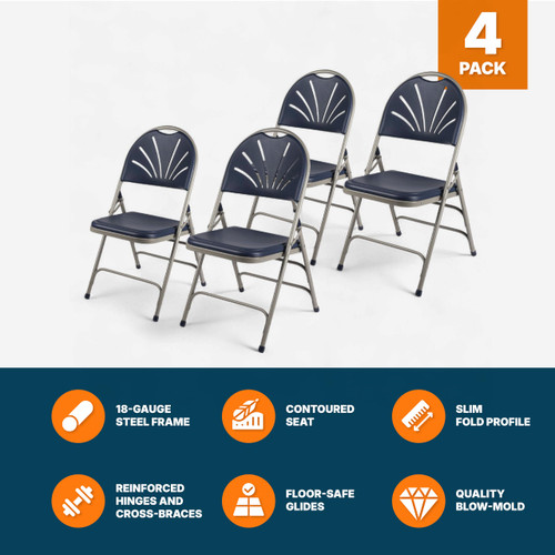 Premium Heavy-Duty Plastic Folding Chairs, Commercial Fanback Event Chairs with Triple Brace and 500 lb Capacity (4-Pack, Navy Plastic with Gray Frame)